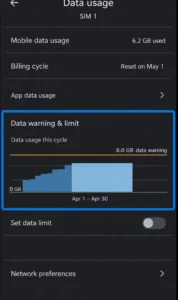 Check and disable mobile data usage limit in Android settings to restore internet access