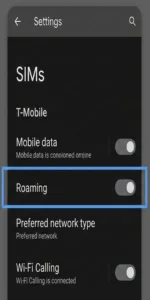 Enable data roaming in mobile network settings to restore mobile internet connectivity