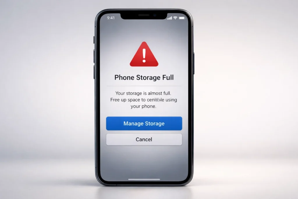 Phone storage full warning message shown on smartphone screen