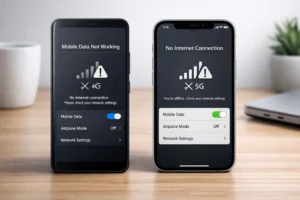 Realistic smartphone showing no internet connection error while trying to fix mobile data not working