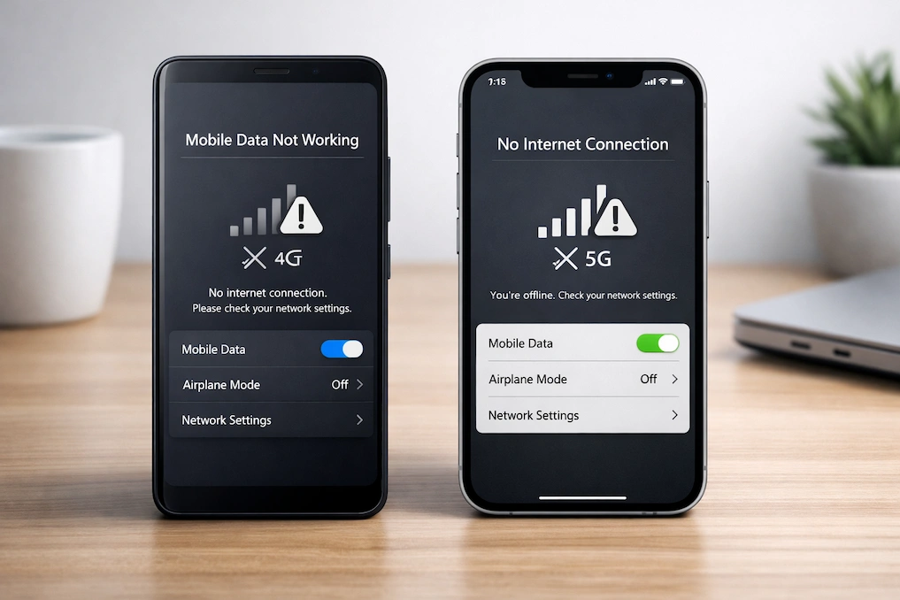 Realistic smartphone showing no internet connection error while trying to fix mobile data not working