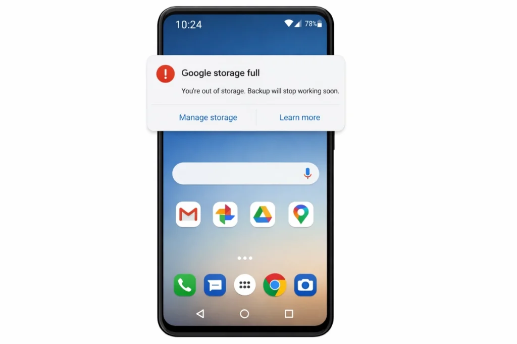 torage full issue warning on Android Google account
