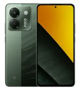 A combined view showing the front display screen and the rear panel design with the camera module of the POCO M7 Pro 5G smartphone.