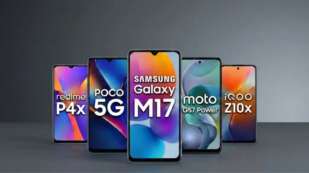 Top 5 smartphones list including Realme P4x, POCO 5G, Samsung M17, Moto G57, and iQOO Z10x arranged clearly.
