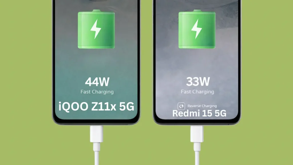 iQOO Z11x 5G vs Redmi 15 5G battery and charging comparison showing 44W and 33W fast charging