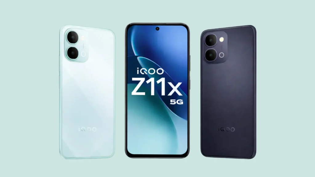 iQOO Z11x 5G smartphone design showing front display and rear dual camera